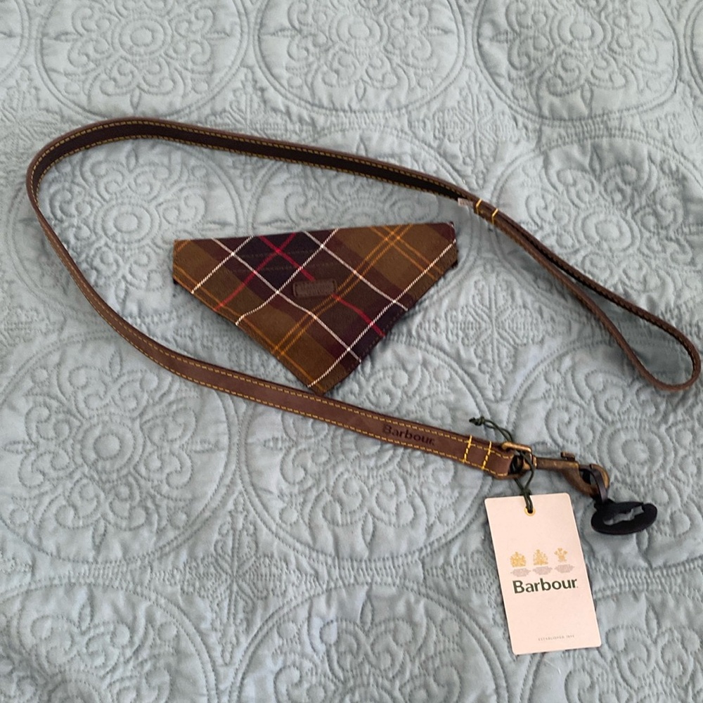 Barbour Brown Leather Dog Leash Lead and Velcro bandanna